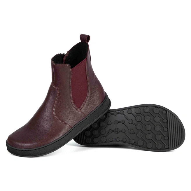 Skórzane sztyblety damskie barefoot Brooke – bordowe (na grubszym spodzie)